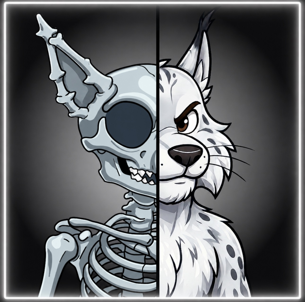 HoodLynx duality — half skeleton, half living lynx