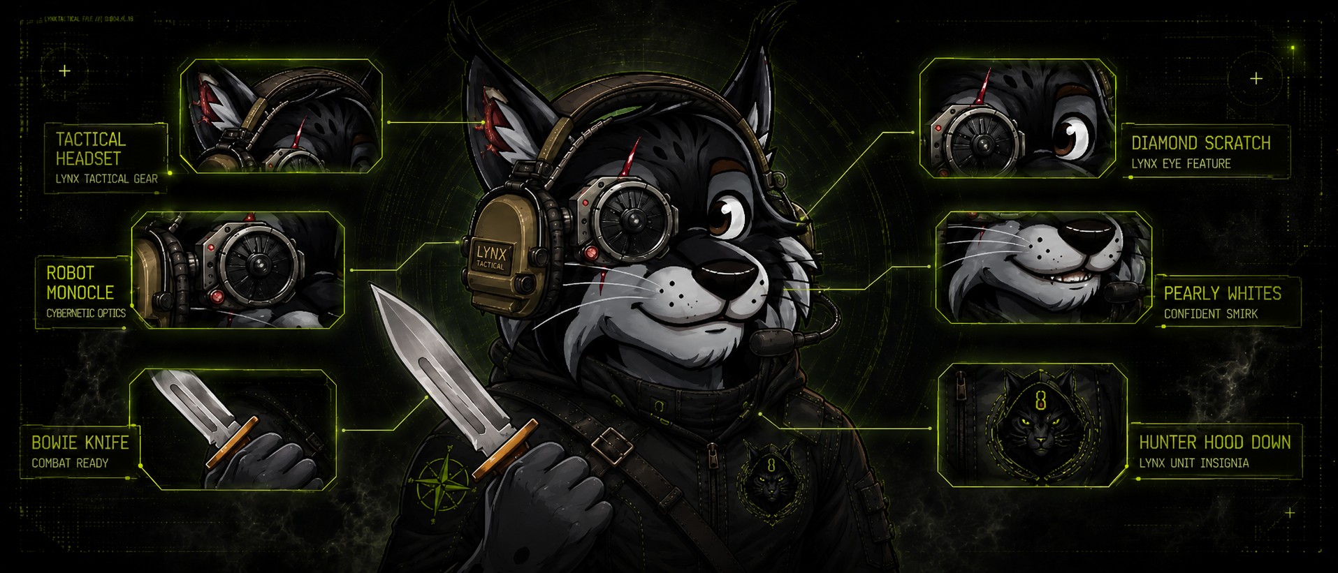HoodLynx trait breakdown: tactical headset, cybernetic eyepiece, tactical knife, lynx eye, confident smirk and unit insignia